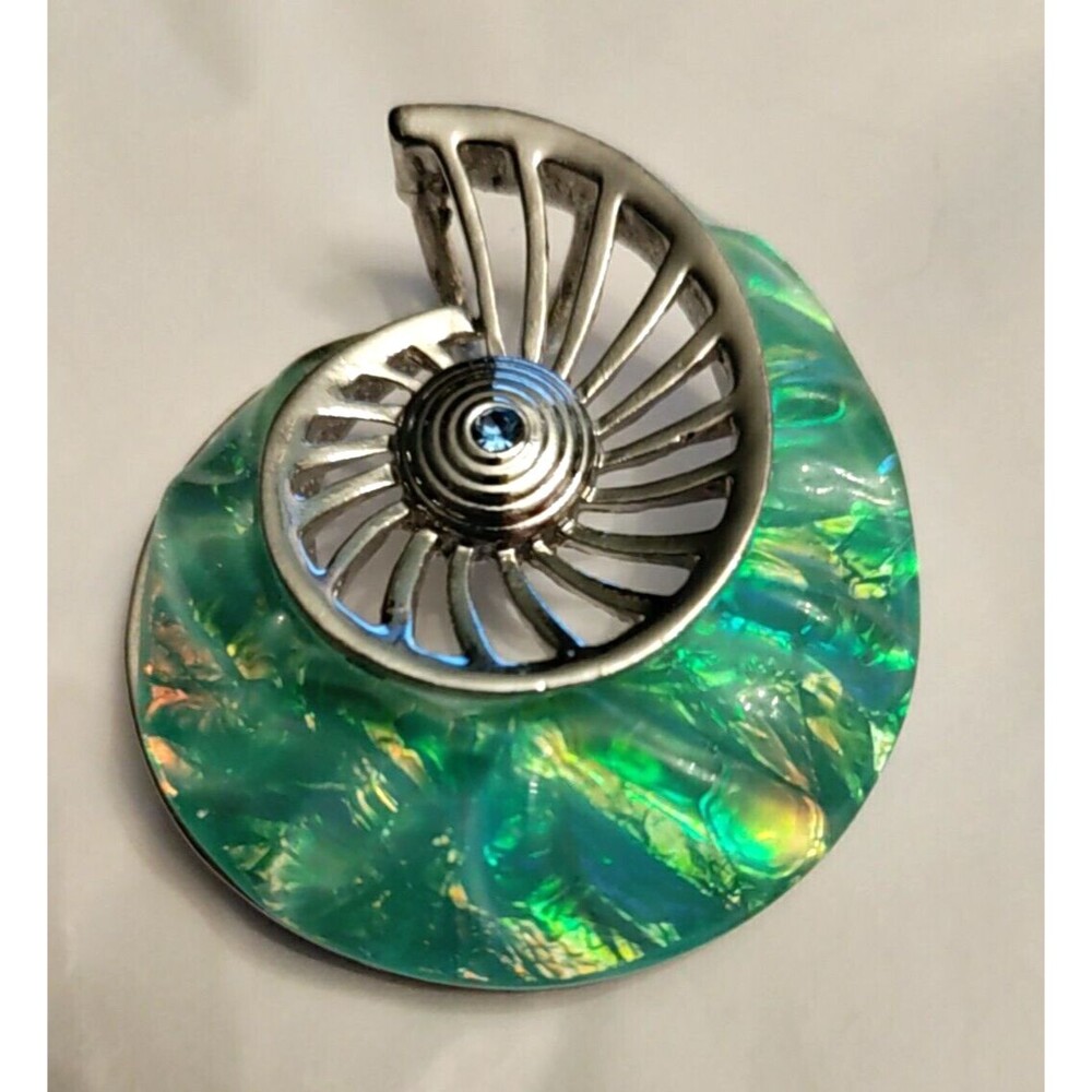Glowing Lucite Silvertone Shell Pendant 2" Long 1.75" Wide